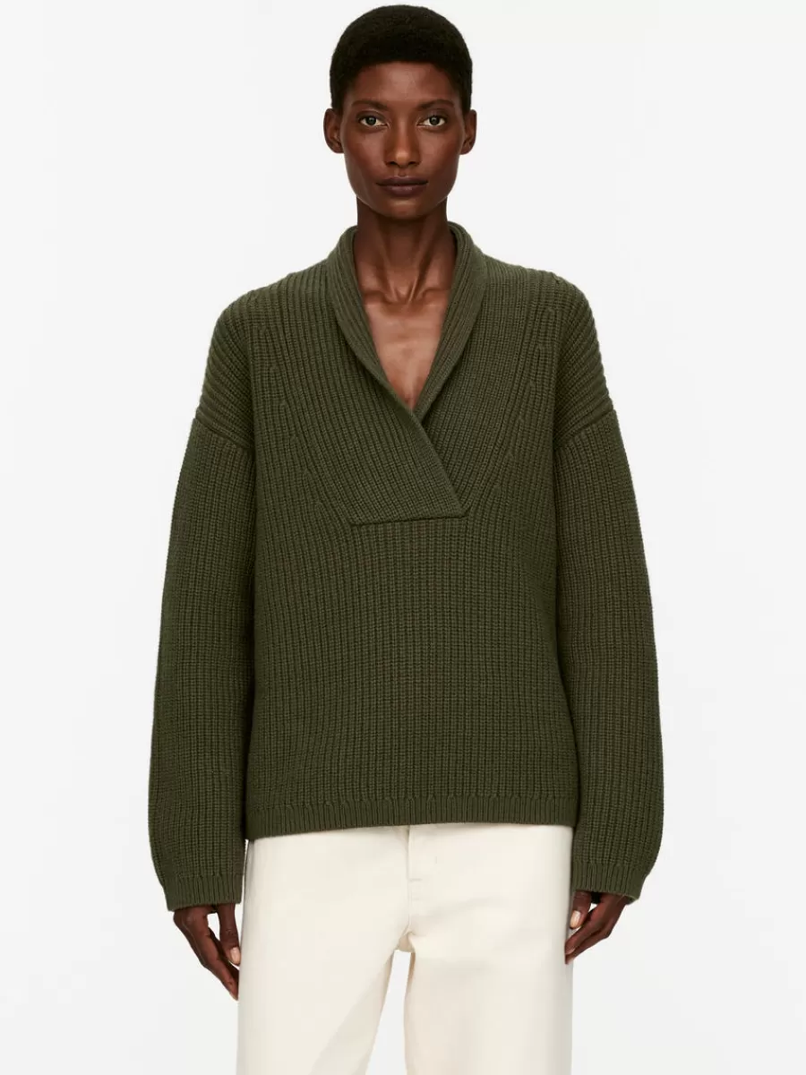 Cheap ARKET Shawl Collar Jumper Khaki Green