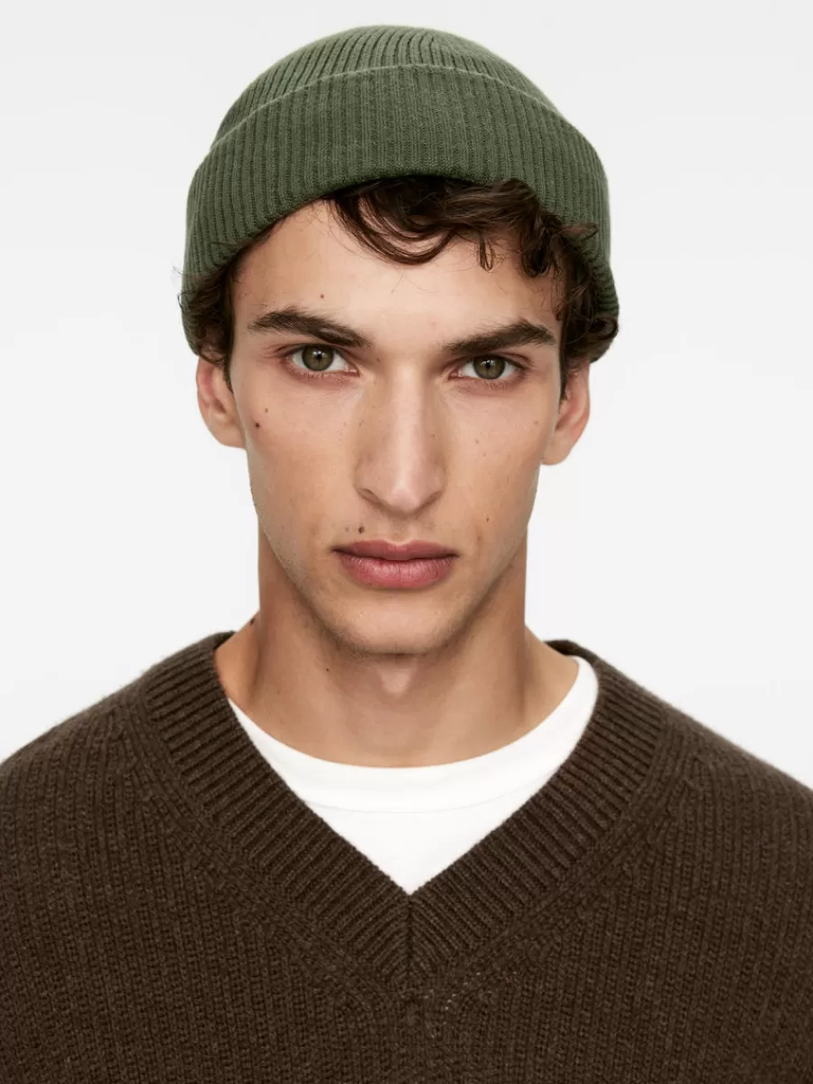 Discount ARKET Short Ribbed Cotton Beanie Khaki Green