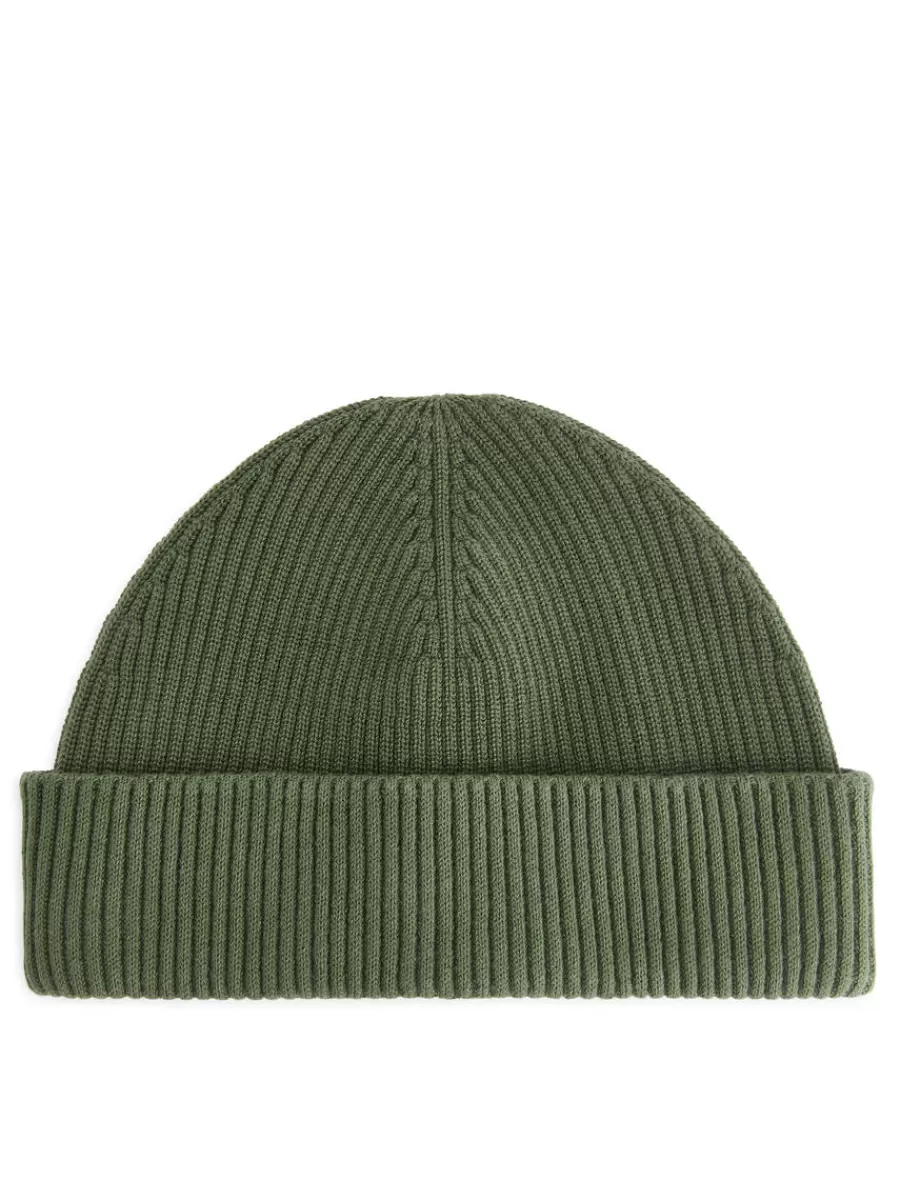 Discount ARKET Short Ribbed Cotton Beanie Khaki Green