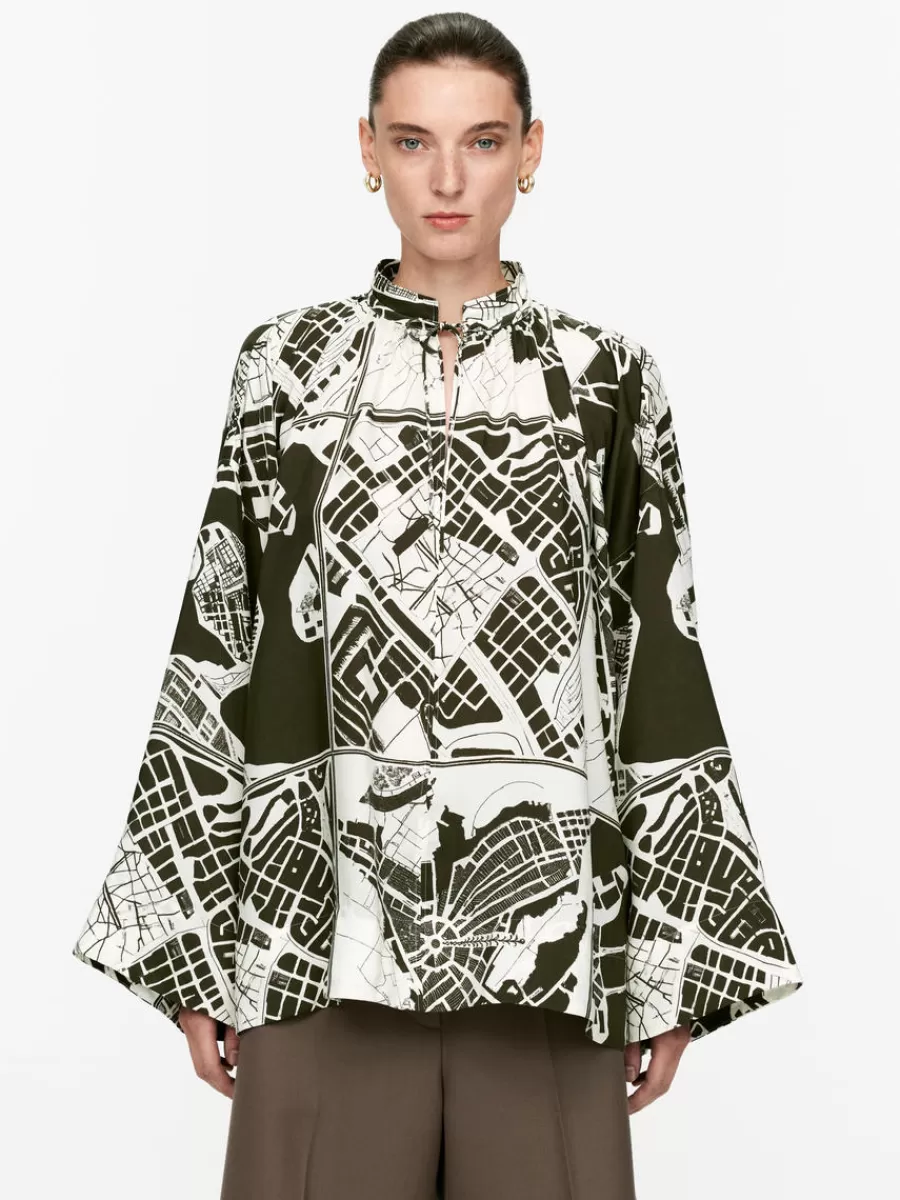 Best Sale ARKET Stockholm Print Gathered Blouse White/Khaki Green