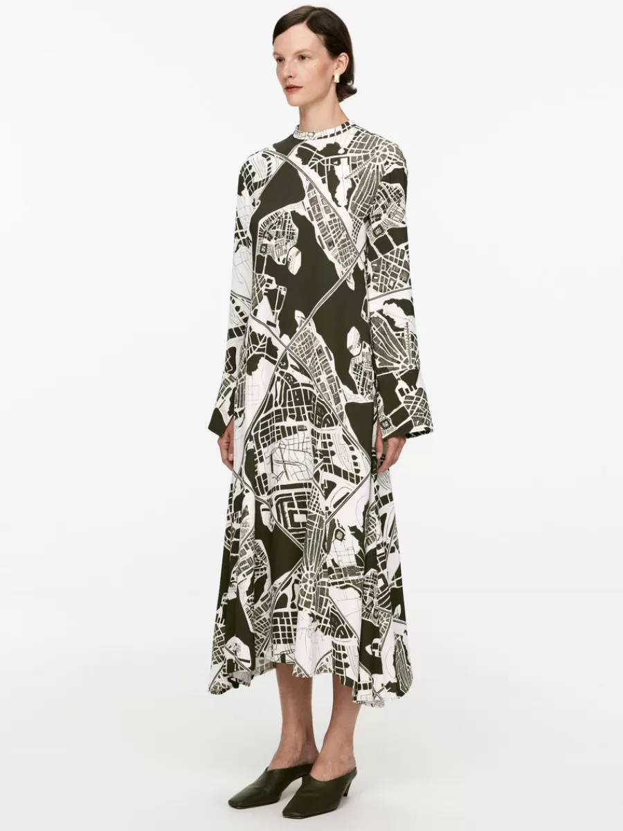 Discount ARKET Stockholm Print Maxi Dress Off White/Khaki Green