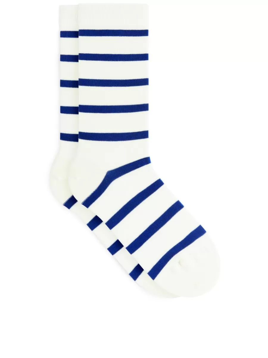Cheap ARKET Striped Cotton Socks White/Blue
