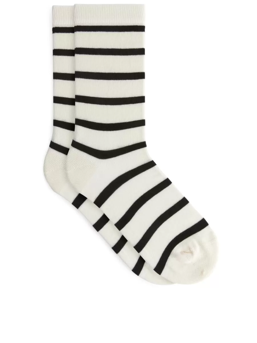 New ARKET Striped Cotton Socks Off White/Black