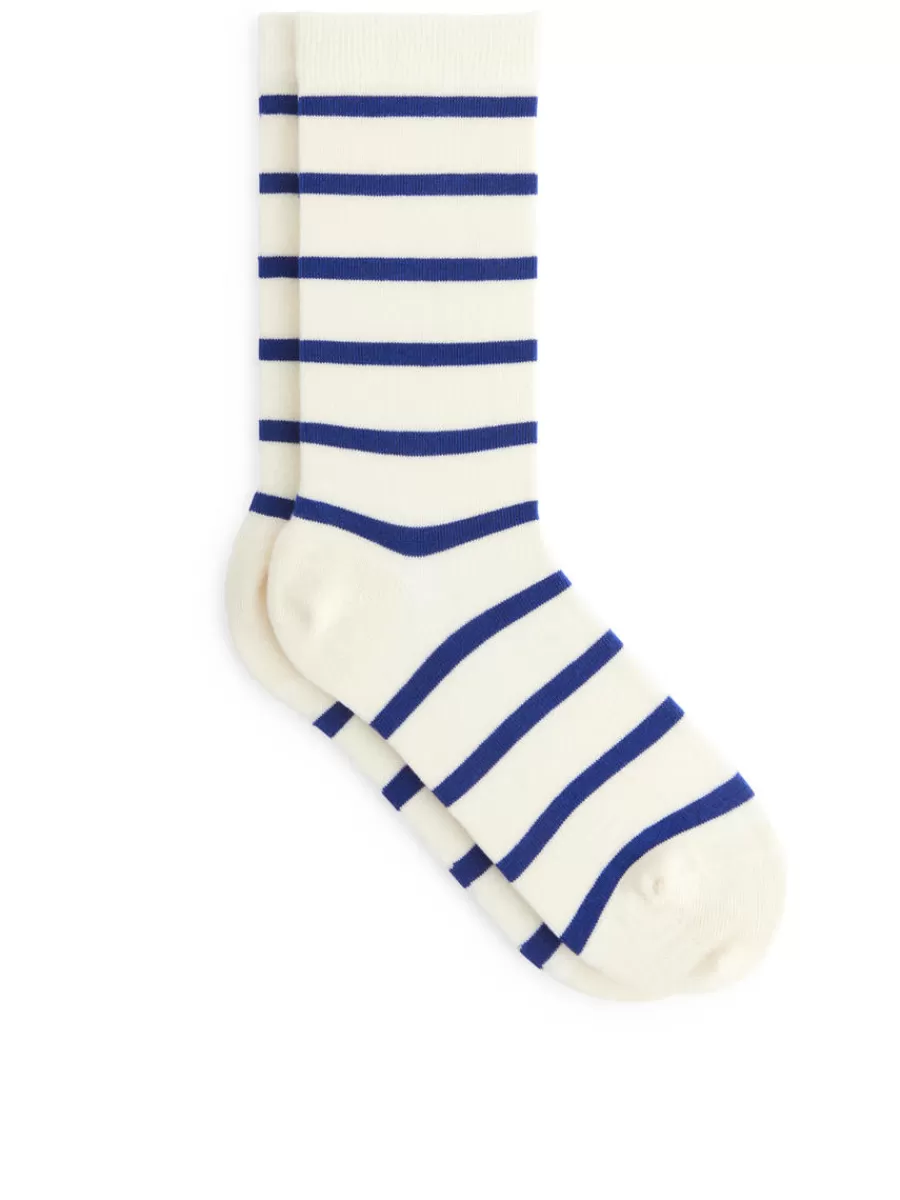 Cheap ARKET Striped Cotton Socks White/Blue
