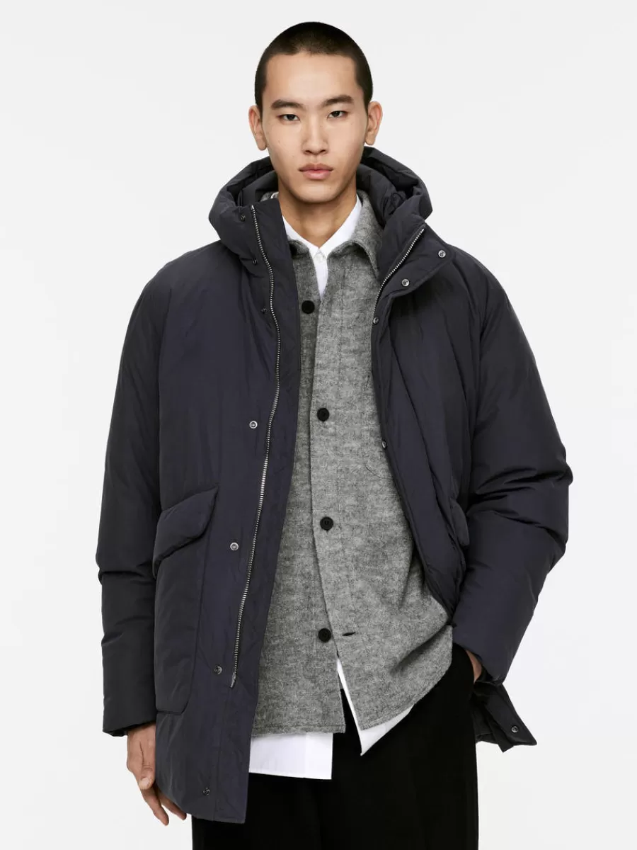 New ARKET Upcycled Down Hooded Jacket Dark Blue