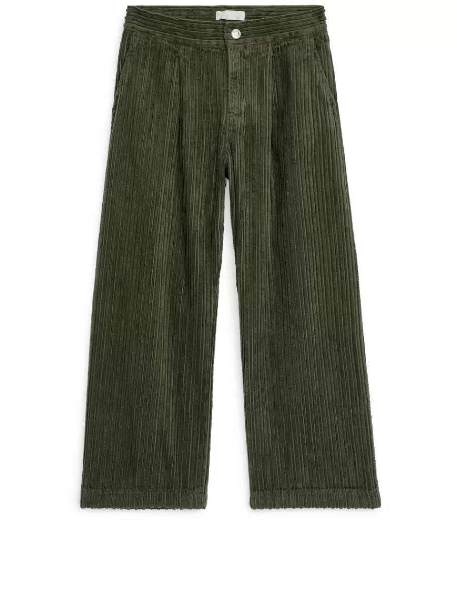 Online ARKET Wide Corduroy Trousers Khaki Green
