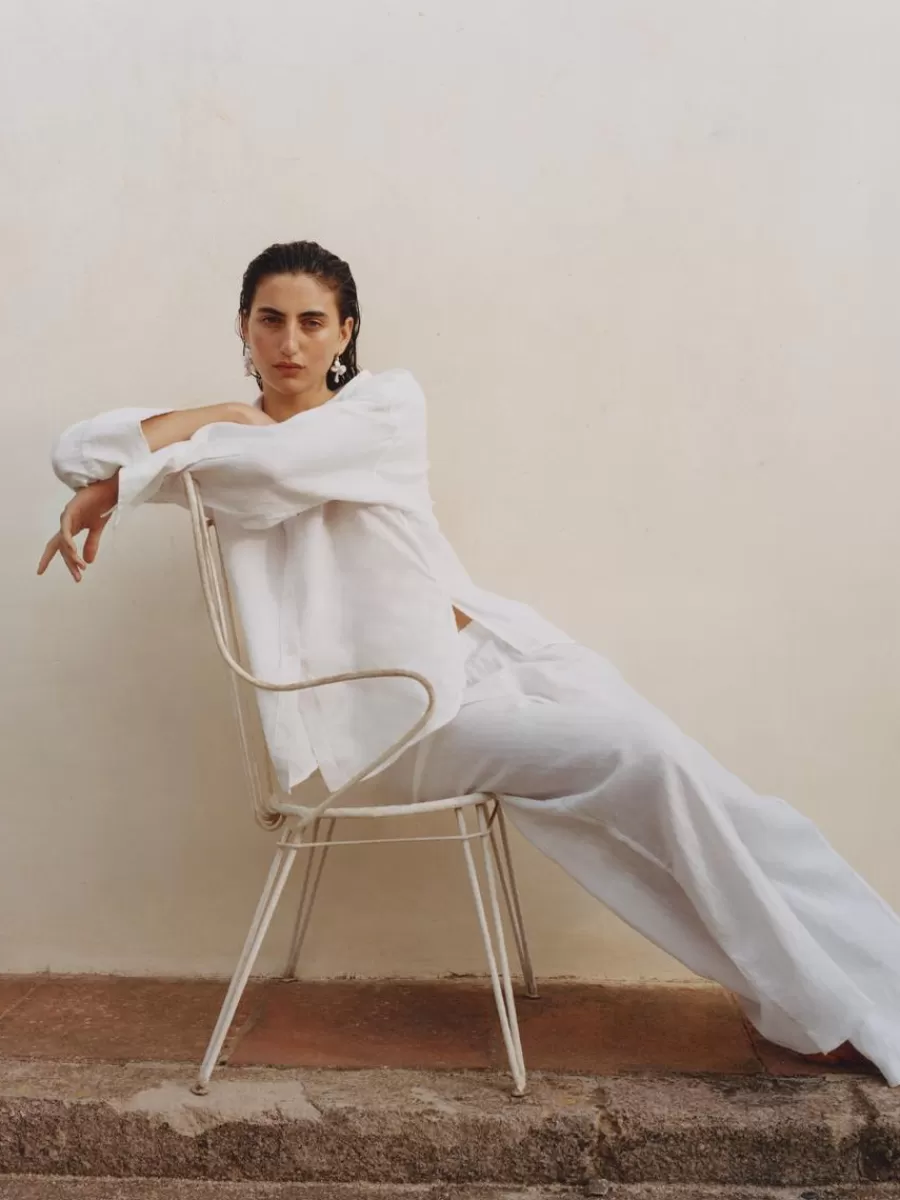 Cheap ARKET Wide Linen Trousers White