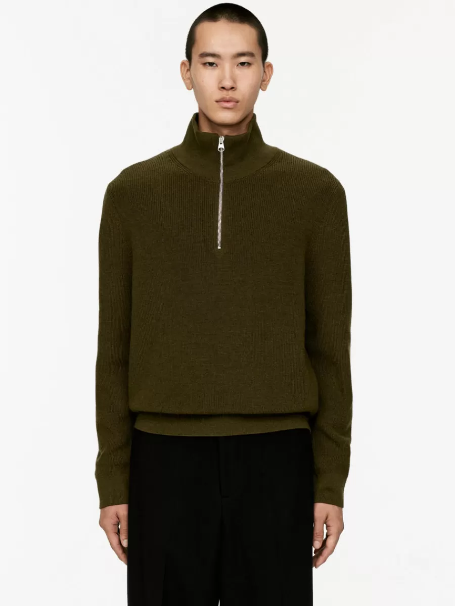 Shop ARKET Wool & Cotton Half Zip Jumper Dark Green