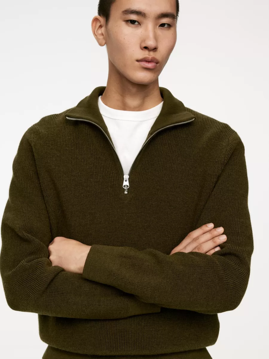 Shop ARKET Wool & Cotton Half Zip Jumper Dark Green