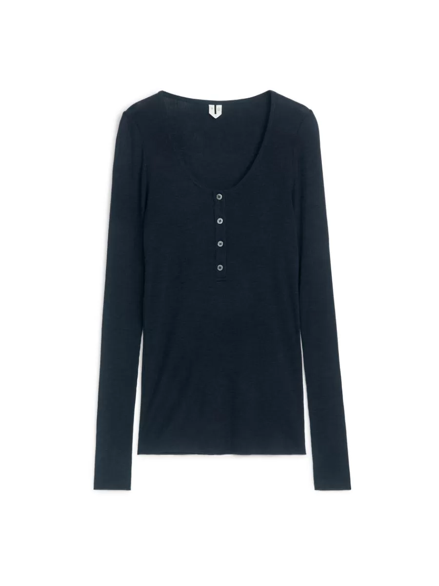 Store ARKET Wool Jersey Henley Top Dark Blue