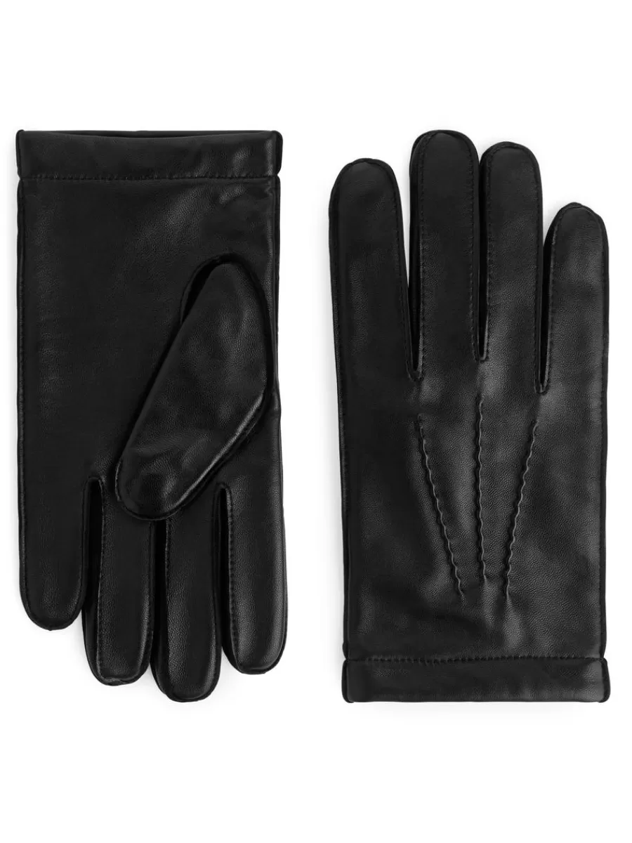 Online ARKET Wool Lined Leather Gloves Black